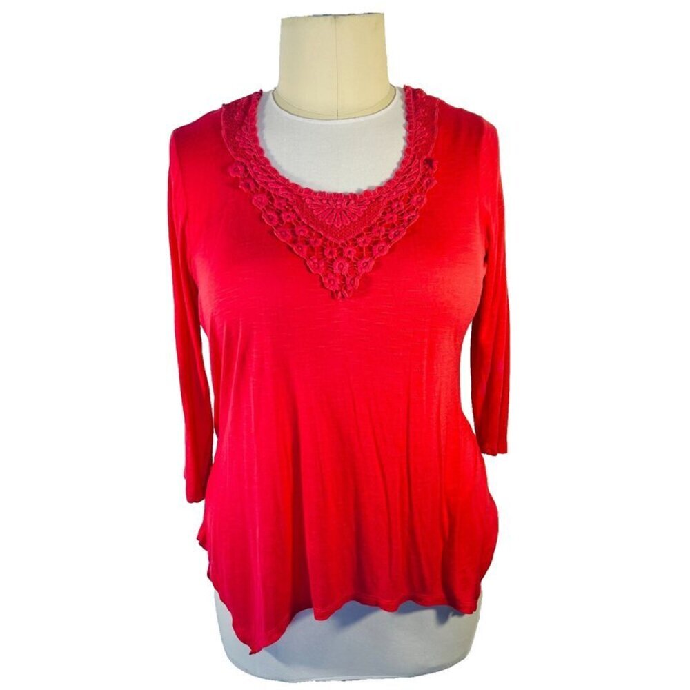 Decorated Originals Tunic Women's XL Coral Pink 3/4 Sleeve Sharkbite Hem Crochet